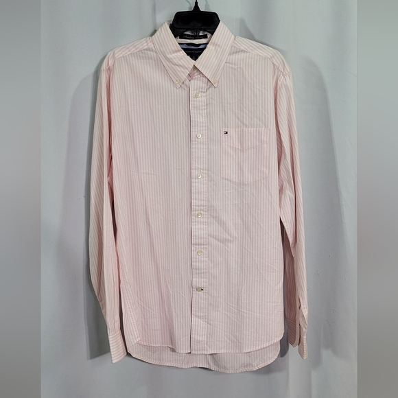 Tommy Hilfiger Men's Pink Striped Academy Poplin Casual Button Down Shirt Med - Picture 2 of 10